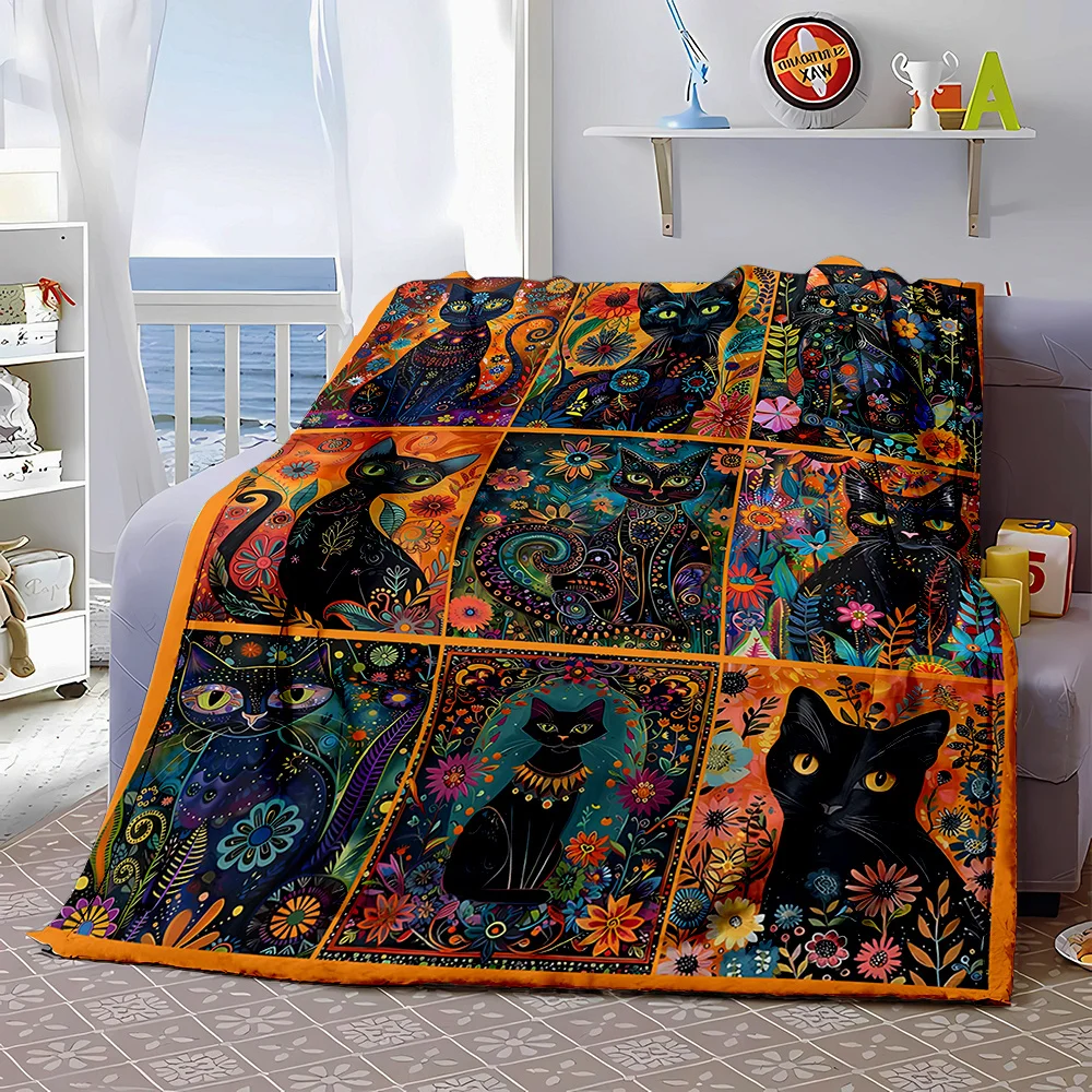 Hand-Painted Floral and Black Cat Nine-Square Throw Blanket: Seasonal, All-Weather, Reversible, and Made with Soft Viscose Fabri