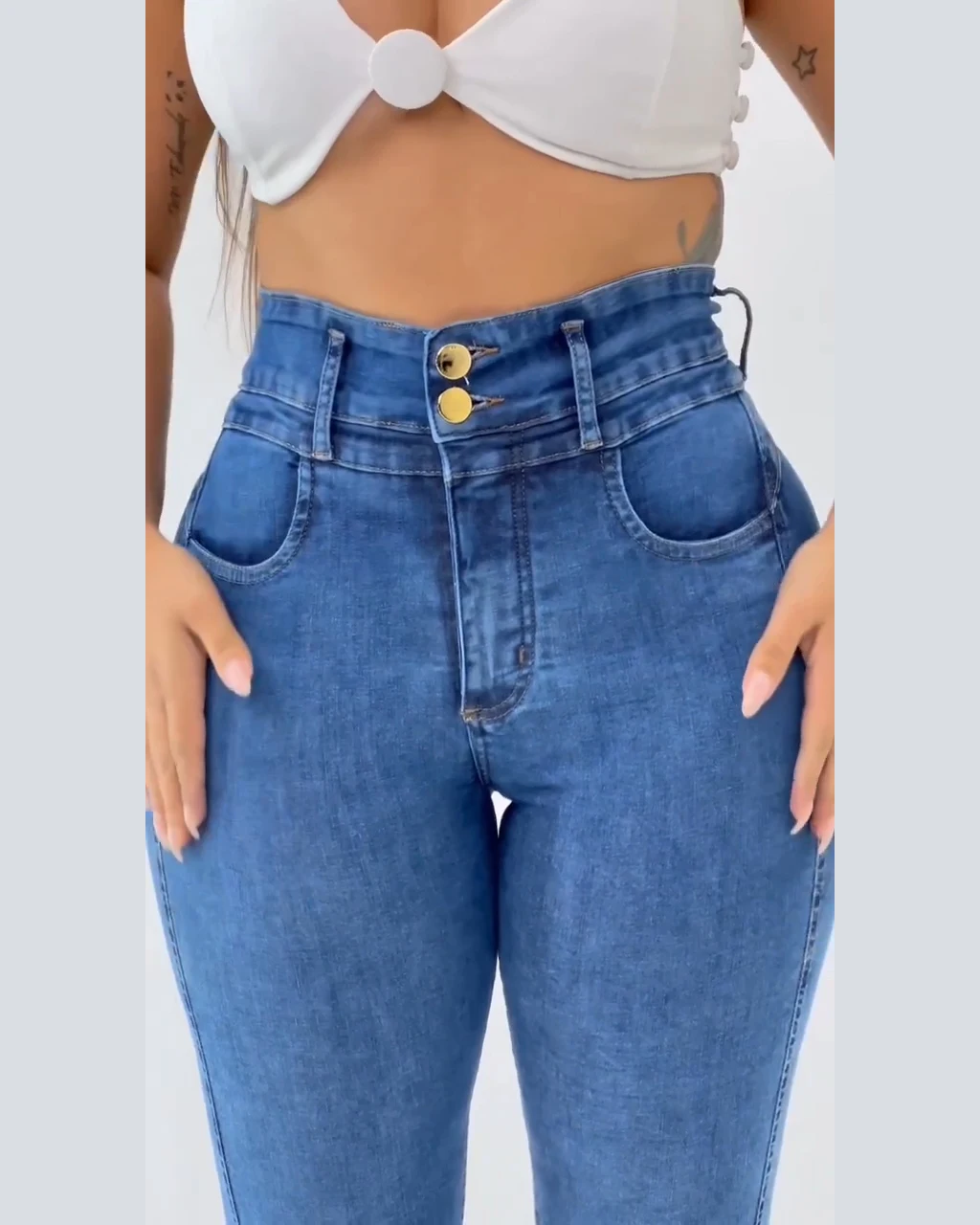 Spring Summer New Women's Clothing Fashion Blue high waisted double breasted jeans Slim Pencil Pant Streetwear Elastic Tight