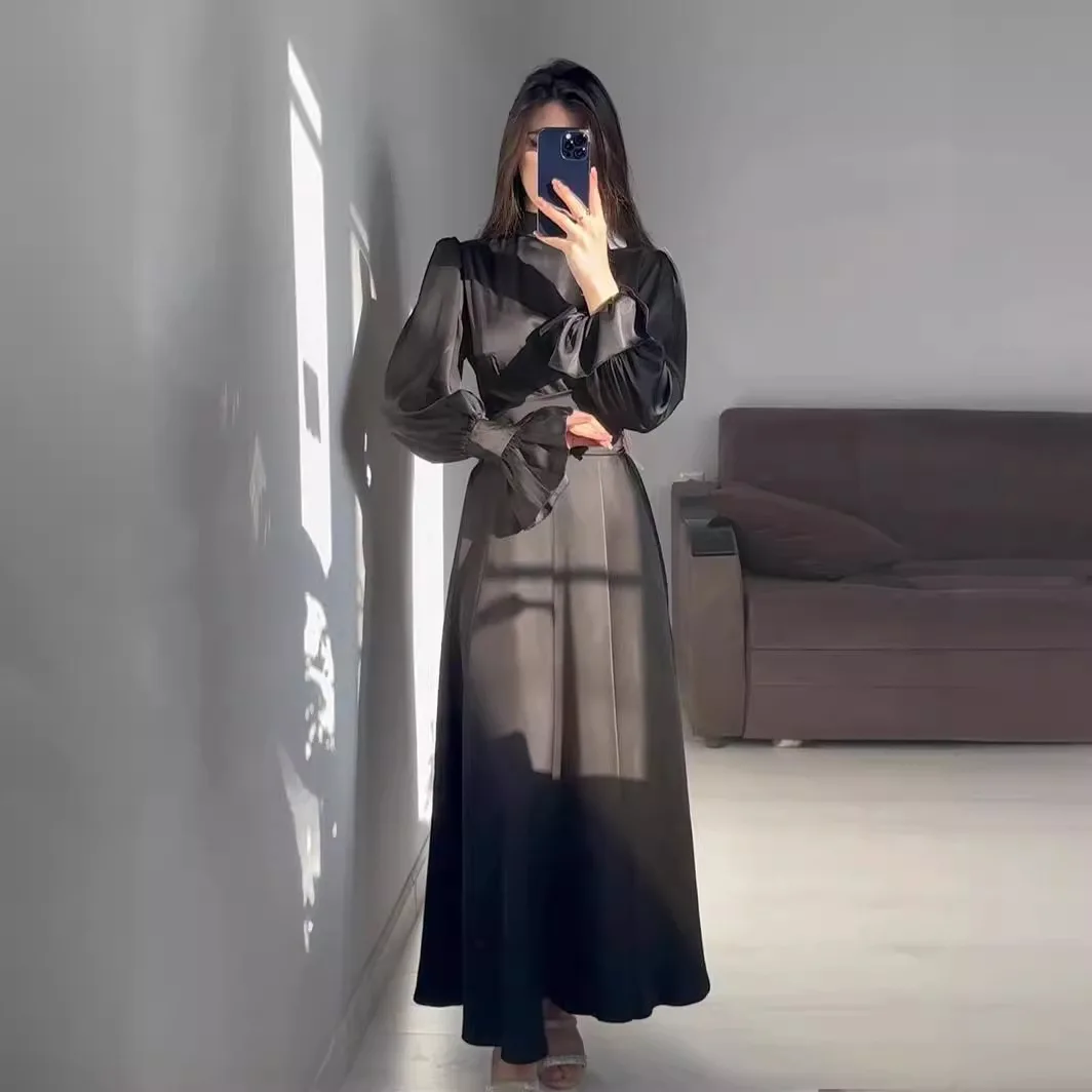 Long Sleeve Belted Puff Sleeve Dress for Women O-neck Muslim Abayas Elegance Maxi Robe Turkey Kaftan Women Muslim Dress Caftan