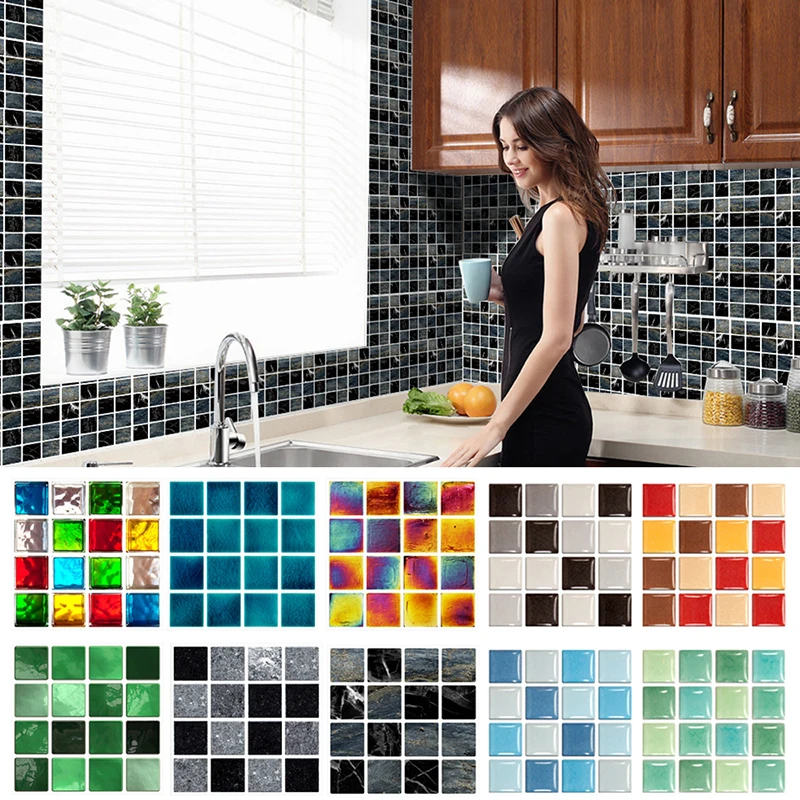 10pcs Mosaic Tiles Sticker Pvc Wall Stickers For Kitchen Bathroom Kitchen Decoration Wall Tiles Decor Tile Stickers Wallpaper