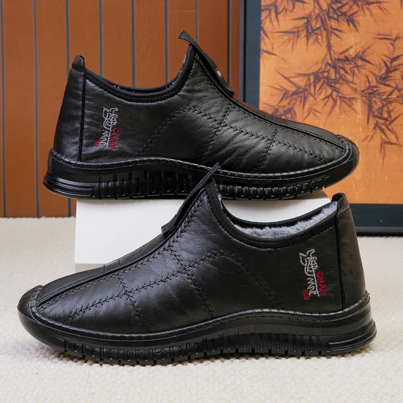 Men Winter Slip On Snow Boots Leather Upper Thick Fleece Lining NonSlip Warm Ankle Booties Elderly Dad Outdoor Walking Shoes