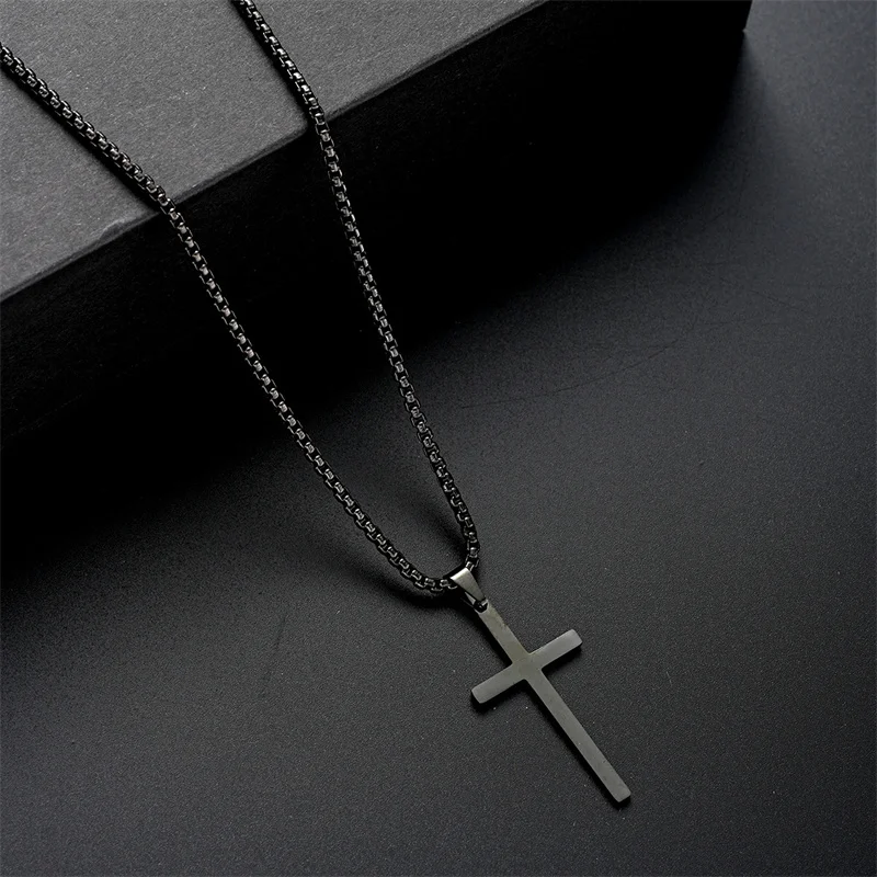 Black Titanium Steel Cross Pendant Necklace for Men Women Minimalist Male Female Chokers Box Chain Necklace Party Jewelry Set