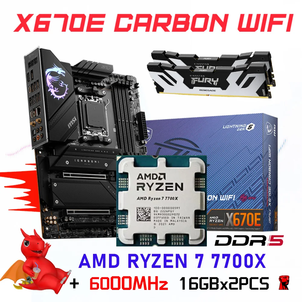 AMD Ryzen 7 7700X CPU Suit With MSI Motherboard MPG X670E CARBON WIFI DDR5 AM5 +Kingston Renegade RAM DDR5 6000MHz 32GB Kit NEW