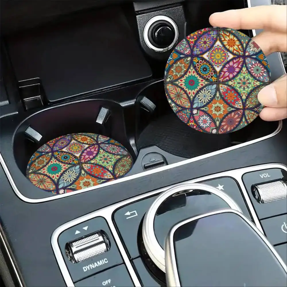 Circular Mandala Flower Car Coasters Set Of 2 Keep Cup Holders Clean & Dry Car Interior Decor & Holiday Gifts