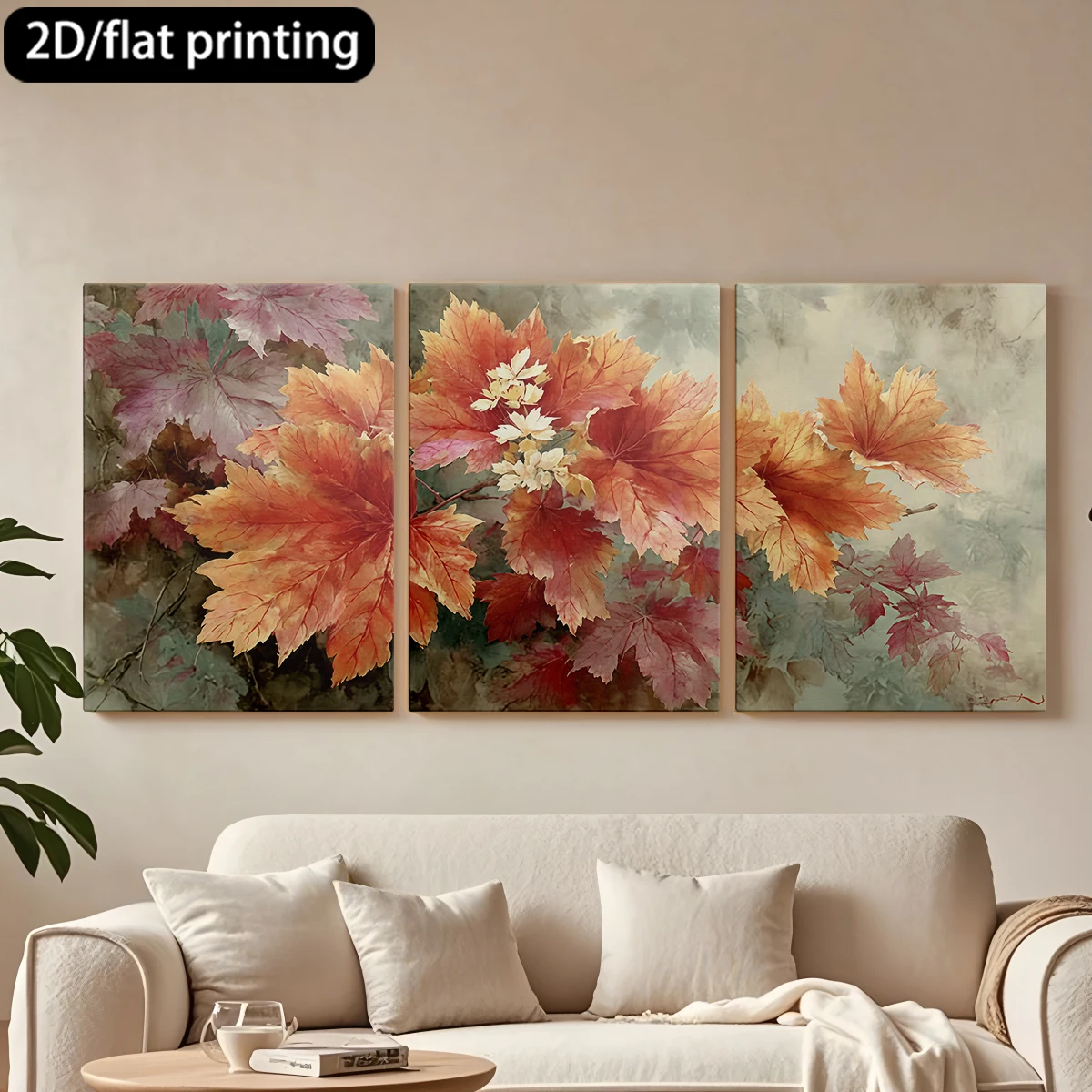 

Three-panel decorative canvas paintingMaple leaves painting, delicate flowers.