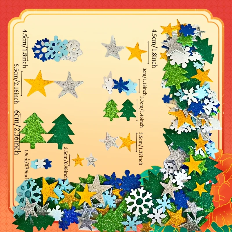 150/300 stuks zelfklevende glitterschuimstickers voor Kerstmis, sneeuwvlokken en pijnbomen, geen residu, levendige kleuren voor ramen