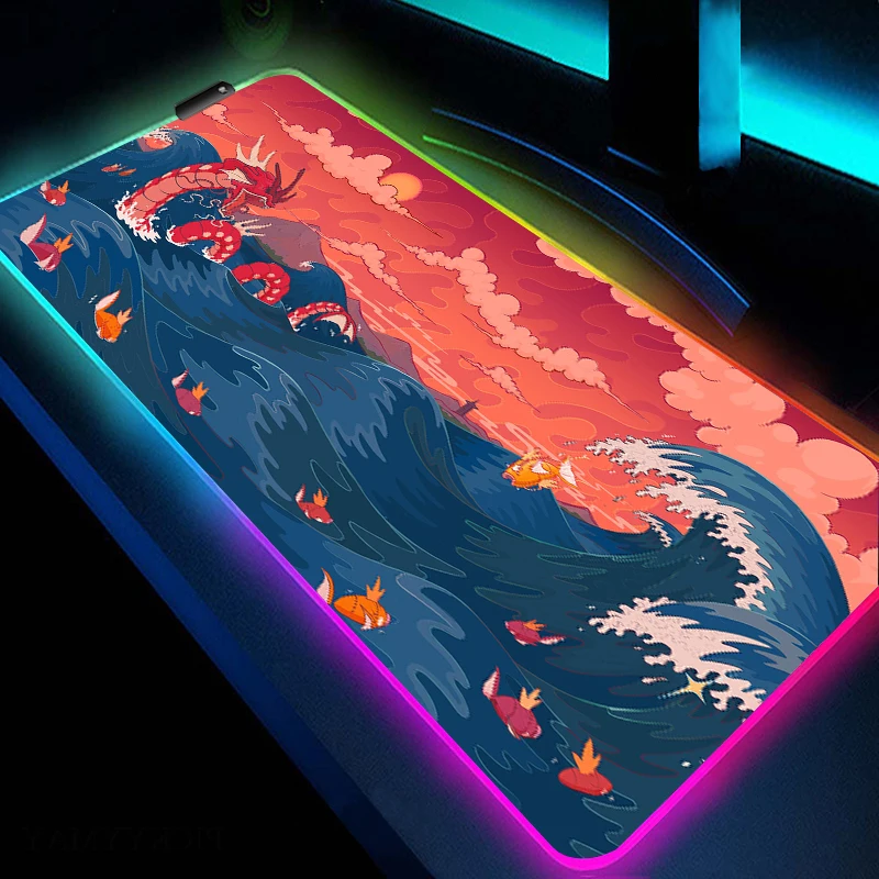 RGB Mousepad With Backlit Japanese Great Wave Off Gaming Rubber Mouse Pad Gamer Large Non-Slip LED Mouse Mat PC Laptop Table Mat