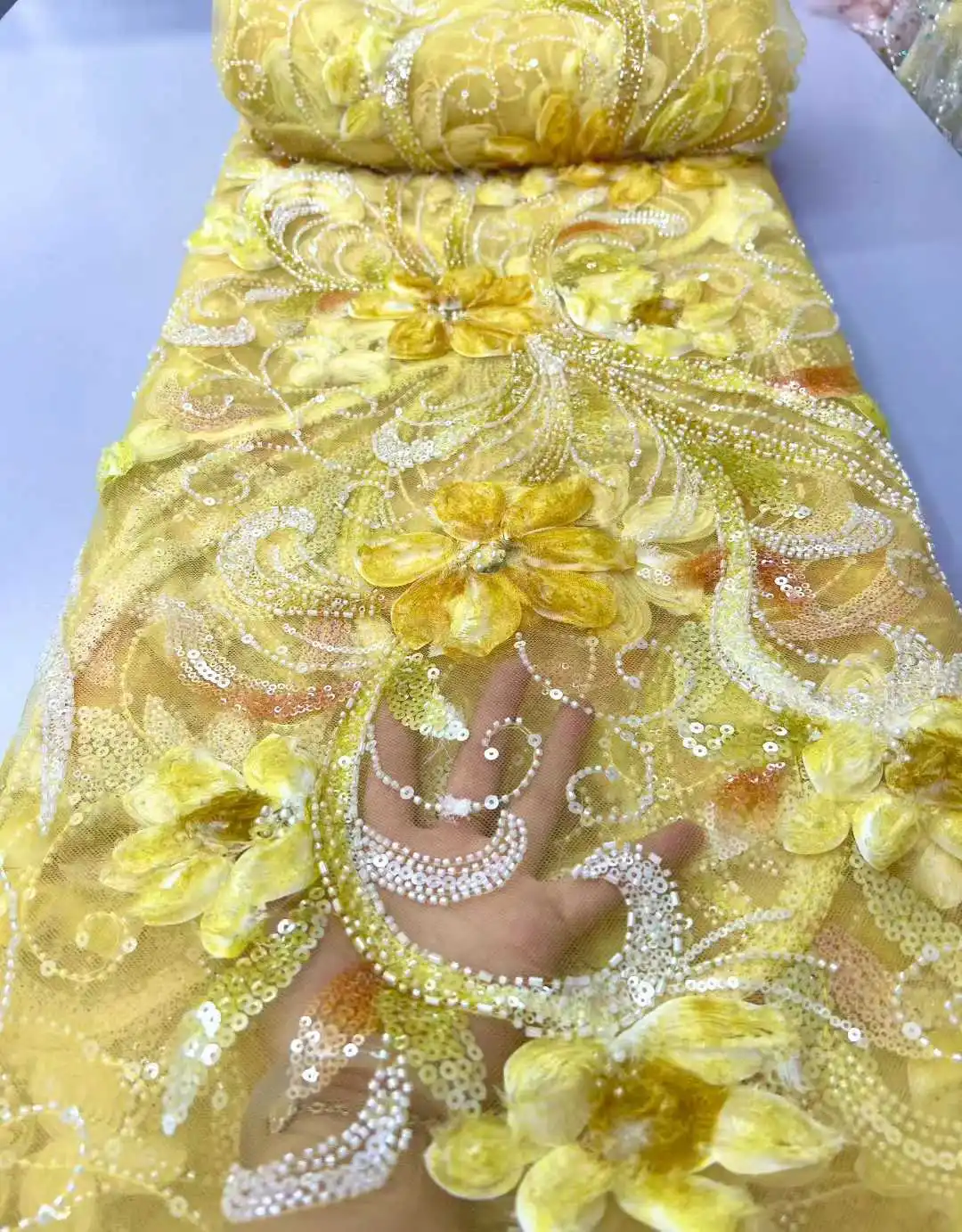 

France Luxury Yellow 3d Embroidery Lace Fabric 2025 African Nigerian Sequin Beaded Lace Fabric for Bridal Wedding Dress Sewing
