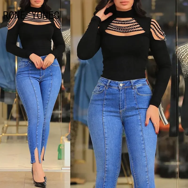 Women Chic Rhinestone Patchwork Hollow Out Off Shoulder Long Sleeves Sexy Black Basic Blouse Tops