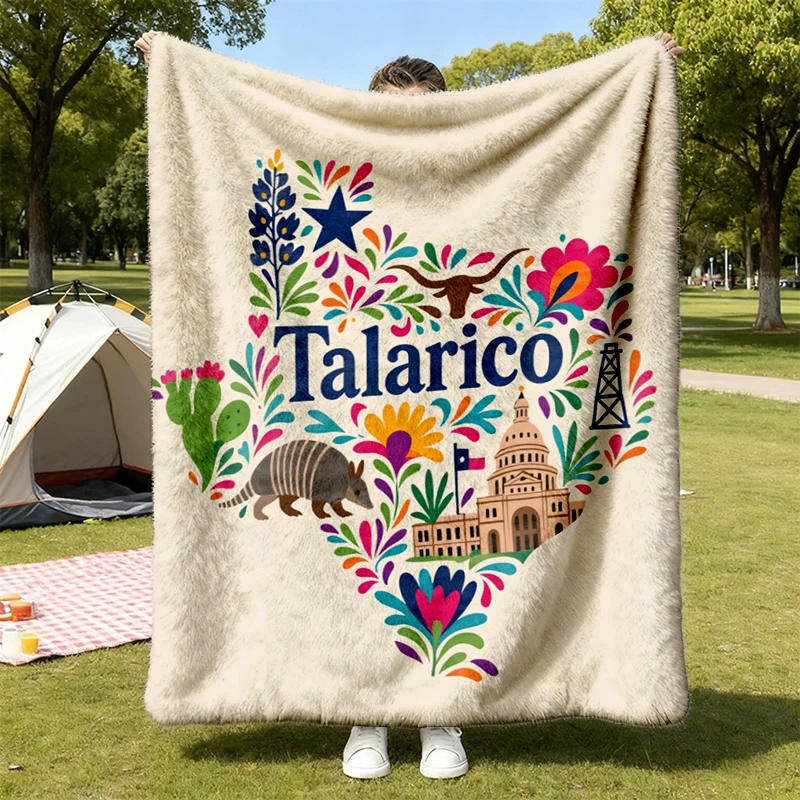 Talarico Map Floral Flannel Blanket, Retro Texas Souvenir Throw, Western Armadillo Gift