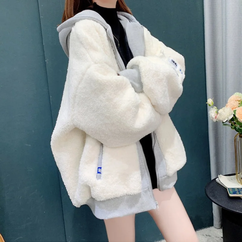 Autumn Winter Thicke Lamb Plush Sweatshirt Jacket Women Overcoat Fashion Wide Stitching Loose Hooded Warm Coat Female Outwear