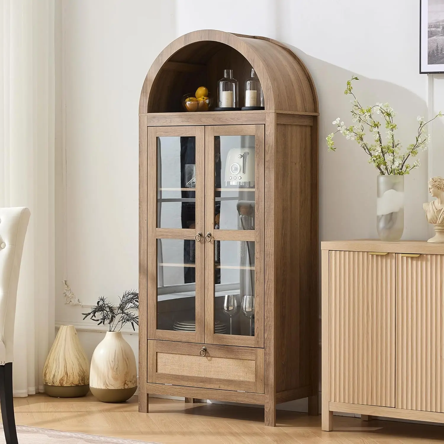 

Tall Arched Pantry Cabinet with Innovative Drawer, Kitchen Cabinet with Anti-Tipping Device and Glass Door, Versatile Cupboard