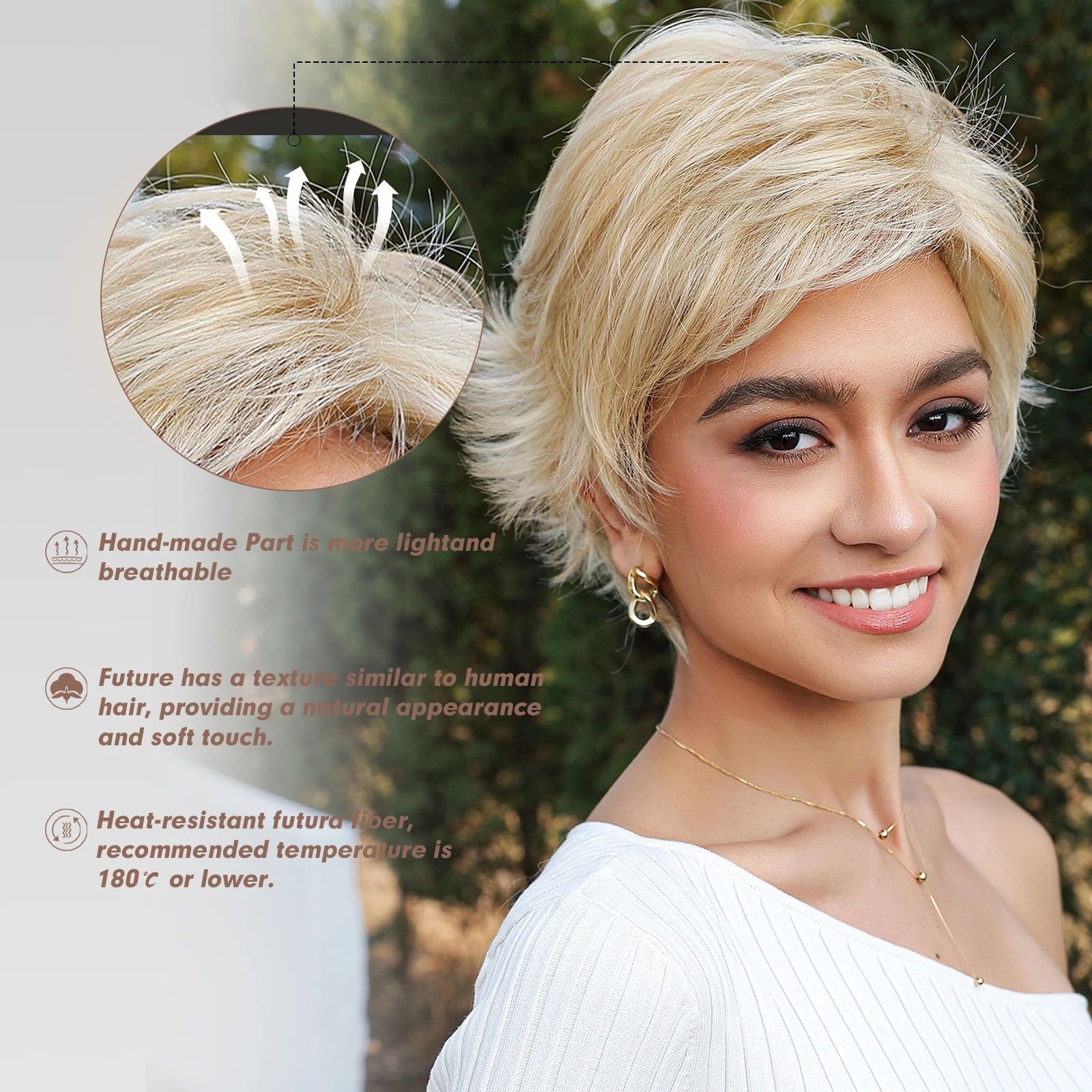 Light Honey Blonde Pixie Cut Synthetic Wigs Natural Layered Hair Wigs with Bangs Breathable Mono Lace Front Hair Wigs for Women