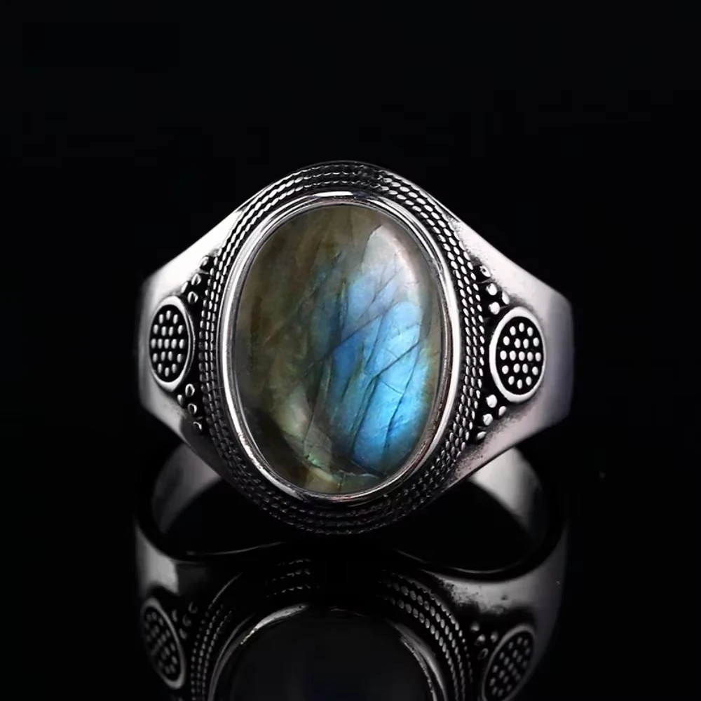Pierścionek w stylu vintage ze srebra próby S925 z naturalnym labradorytem i kamieniem księżycowym 10x14MM, duży turkusowy lapis lazuli, pierścionek retro dla kobiet i mężczyzn.