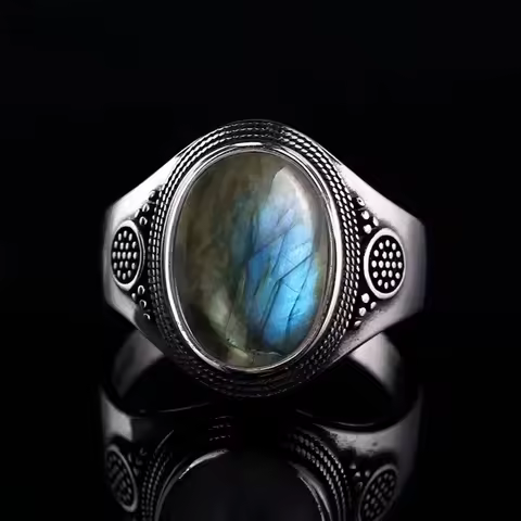 Vintage S925 Sterling Silver Natural labradorite Moonstone Ring 10x14MM Large Turquoise Lapis Retro Ring For Women Men