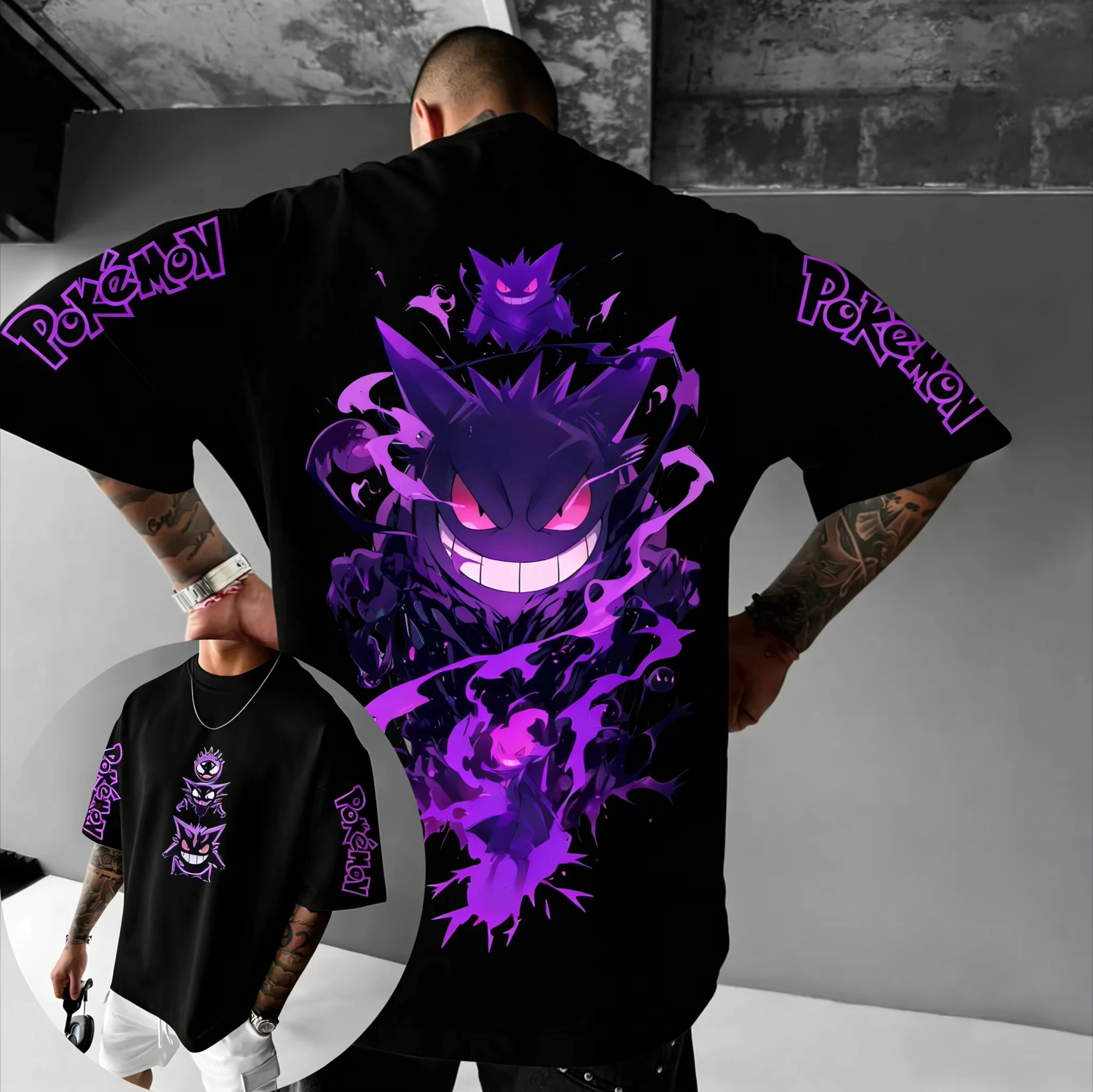 

Хлопковая футболка с принтом Pokémon Anime Gengar 2026, мужская и женская летняя новинка, модный повседневный свободный топ в стиле хип-хоп Y2K для родителей и детей