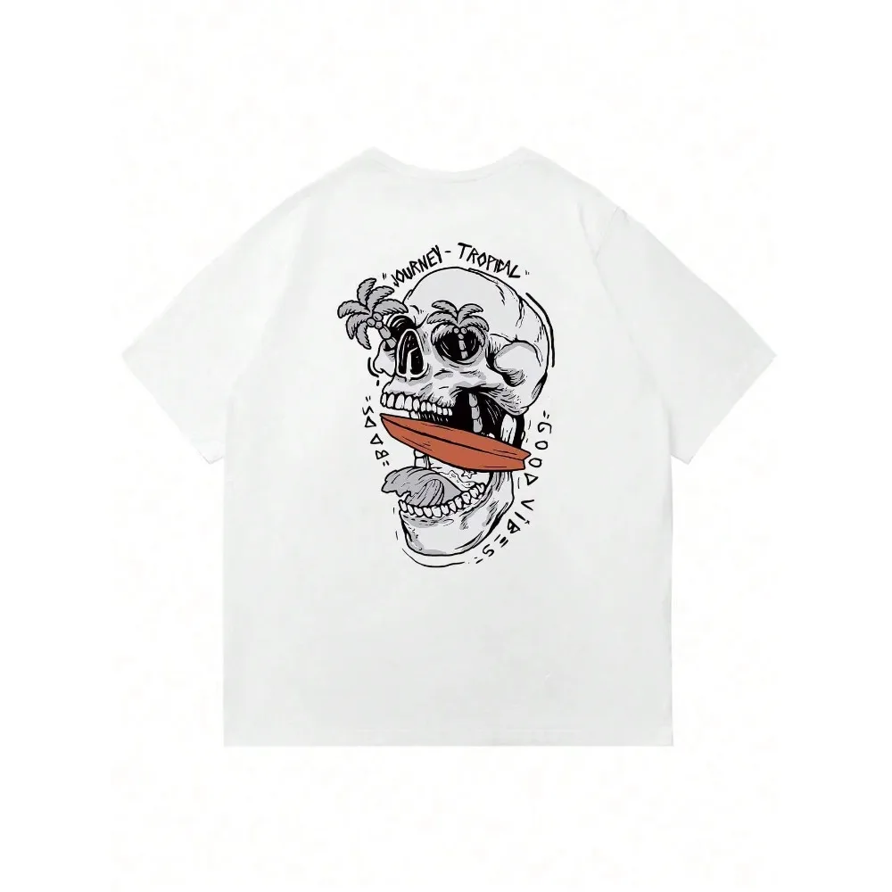 

2025 Summer men's pure cotton casual loose plus size personalized skull pattern printed round neck short sleeved T-shirt top