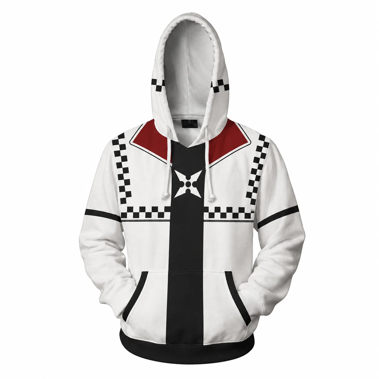 Anime Cosplay Hoodie White Black Checkerboard Print Pullover Game Character Style Hooded Sweatshirt Unisex Streetwear Casual Top