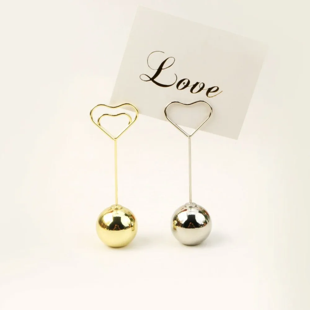 

2pcs Mini Memo Clip Holder Heart Shaped Vertical Design Table Number Stand Rustproof Metal Ball Base Place Card Holder