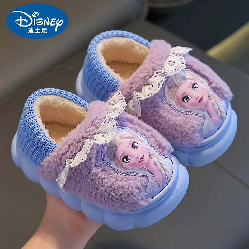 Disney Frozen Girls Cotton Slippers Soft Elsa Winter Warmer Indoor Warmth Preservation Non Slip Bedroom Children\'s Plush Shoes