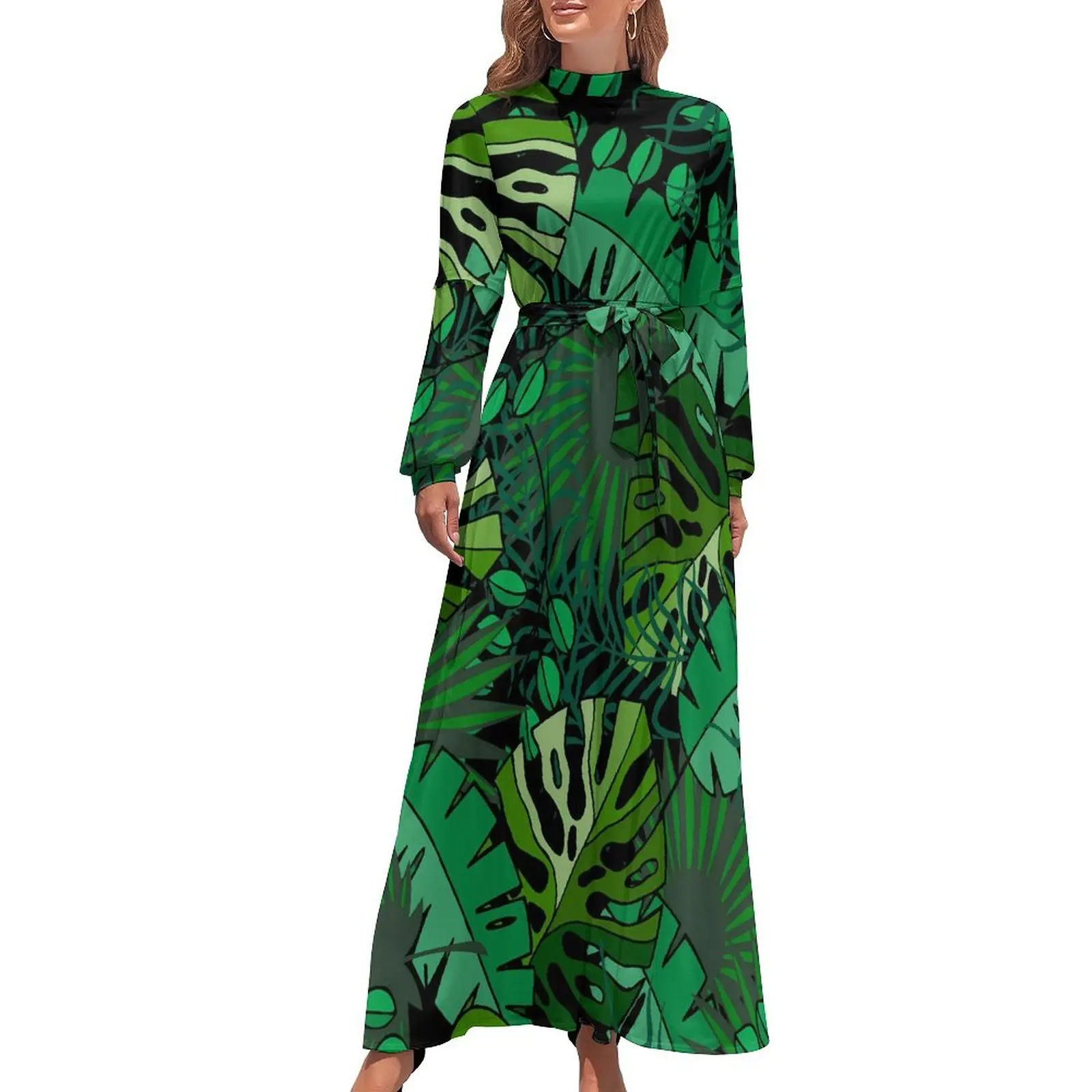 

Tropical Leaf Dress Palm Print Elegant Graphic Maxi Dress High Neck Long Sleeve Street Fashion Boho Beach Long Dresses