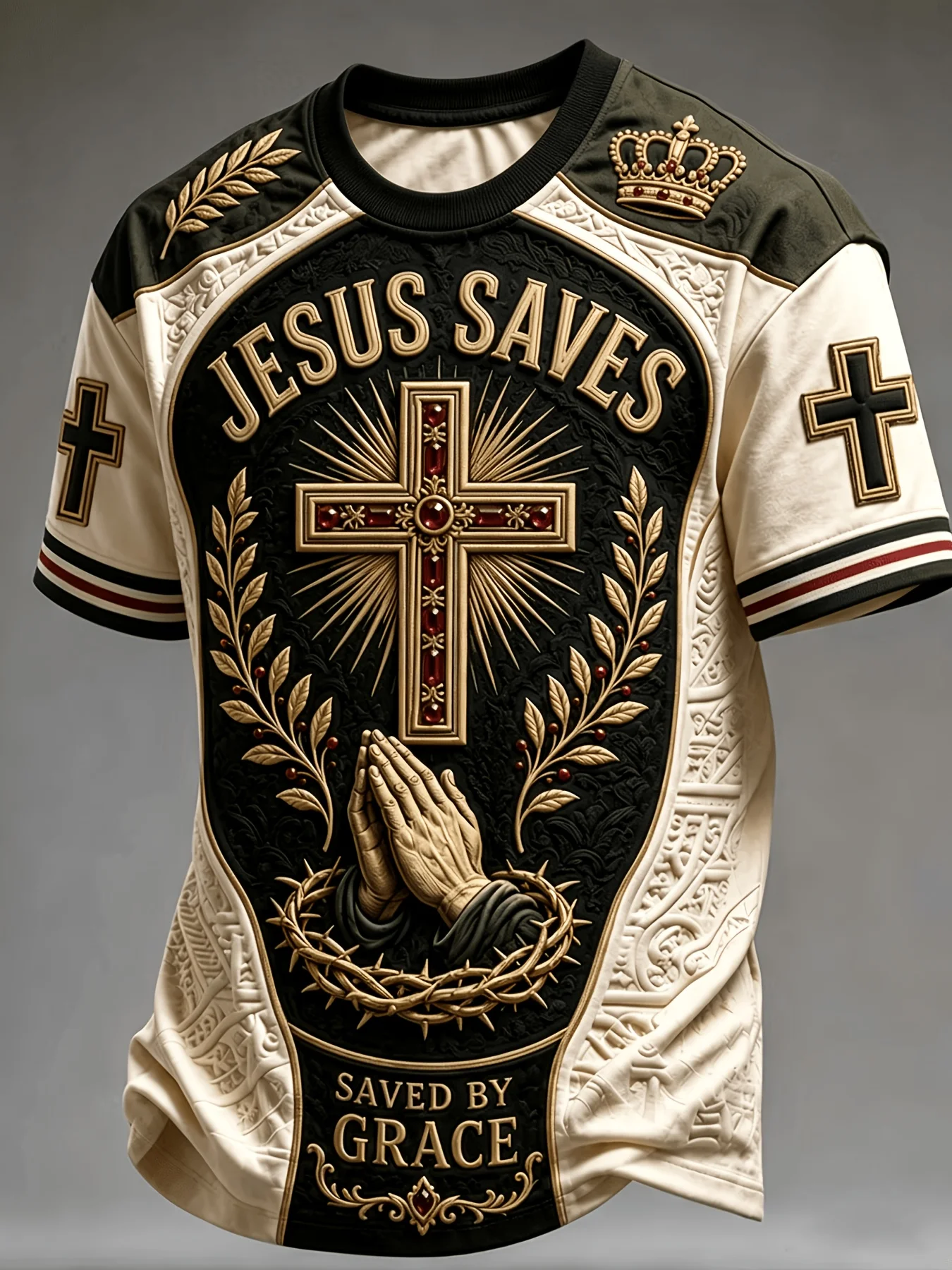 Men's short-sleeve T-shirt featuring a vintage print of a cross, prayer hands, crown, and wheat ears, suitable for worship and d