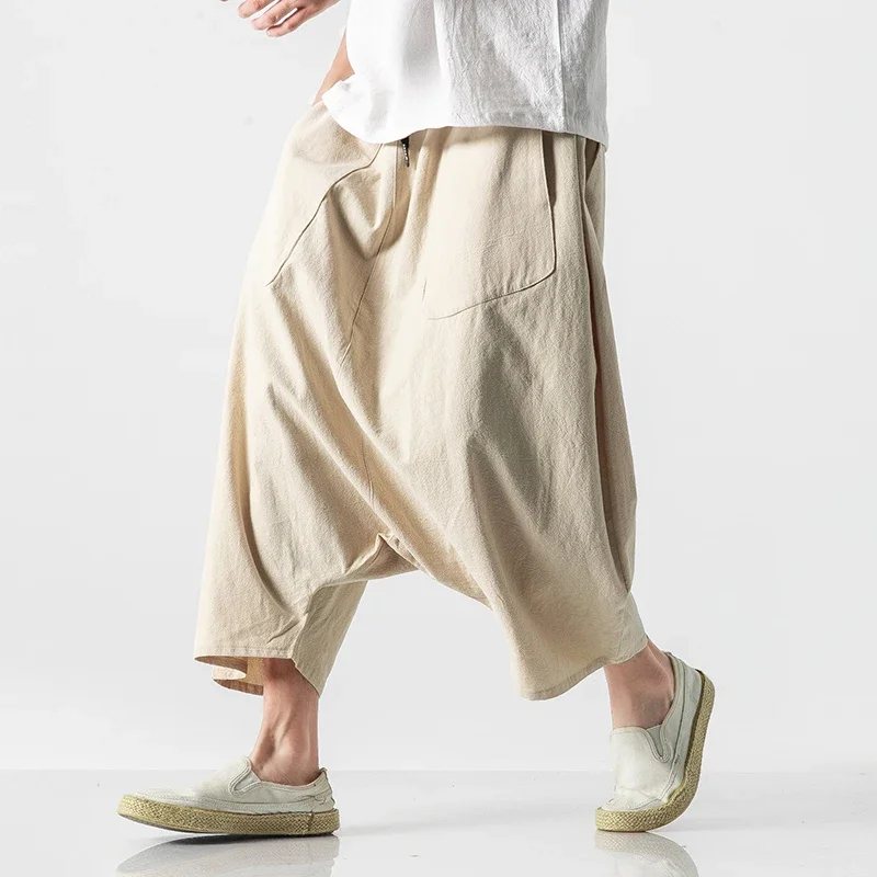 Summer Pants kimono Vintage Loose Cotton Linen New Men's Trousers Plus Size Casual Leg Pants Men Elastic Waist Calf-Lenght Pants