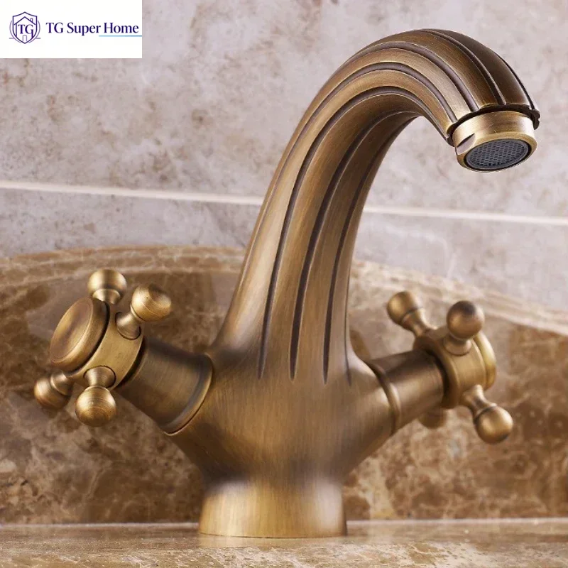 European-Style Brass Vintage Single-Hole Double-Handle Splash-Proof Bathroom Basin Faucet with Hot and Cold Water Controls