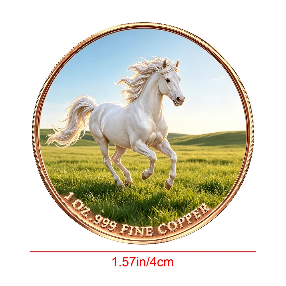 1pc Wild White Horse Collectible Copper Coin Color Print 1oz Prairie Horse Herd Challenge Coin Wildlife Keepsake Gift for Horse