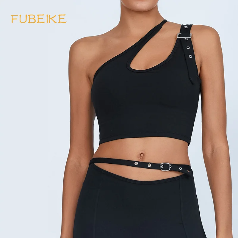 FUBEIKE Yoga Tank Top For Women Gym Clothes Woman Irregular Single Shoulder Sports Fitness Quick-Dry Camisole Top