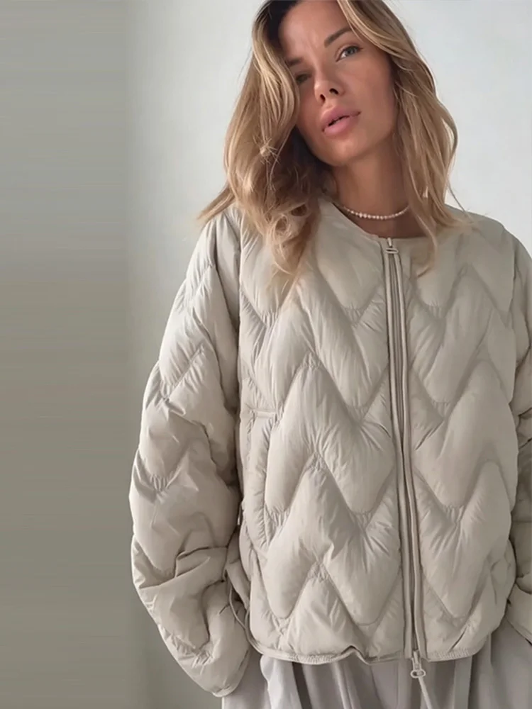 2026 Autumn Fashion Solid Women's Coats O-Neck Zipper Long-Sleeves Loose Thin Cotton-Padded Jackets Female Casual Outwear New