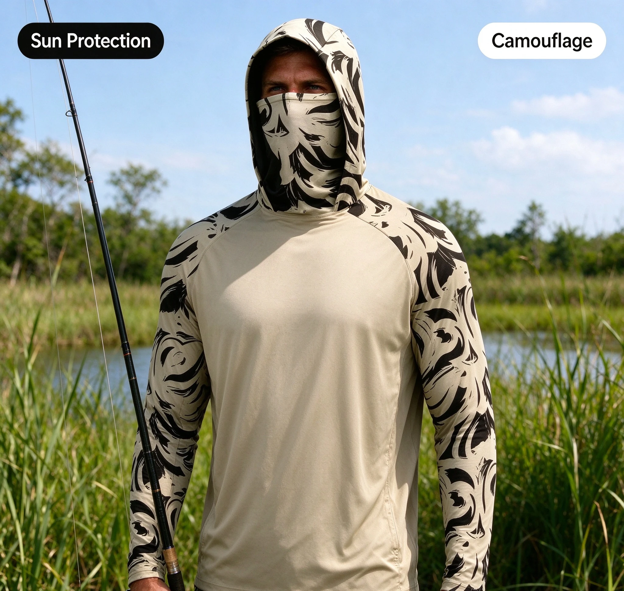 Unisex Fishing Hooded Shirt UPF50 Sun Protection Face Cover Long Sleeve Quick Dry Camo Swirl Print Outdoor Hunting Hiking
