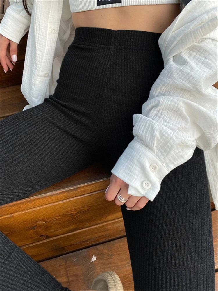 Black Ribbed Knit Leggings Women High Waist Cotton Fitness Basic Pants Casual Spring New All-Match Female Skinny Leggings