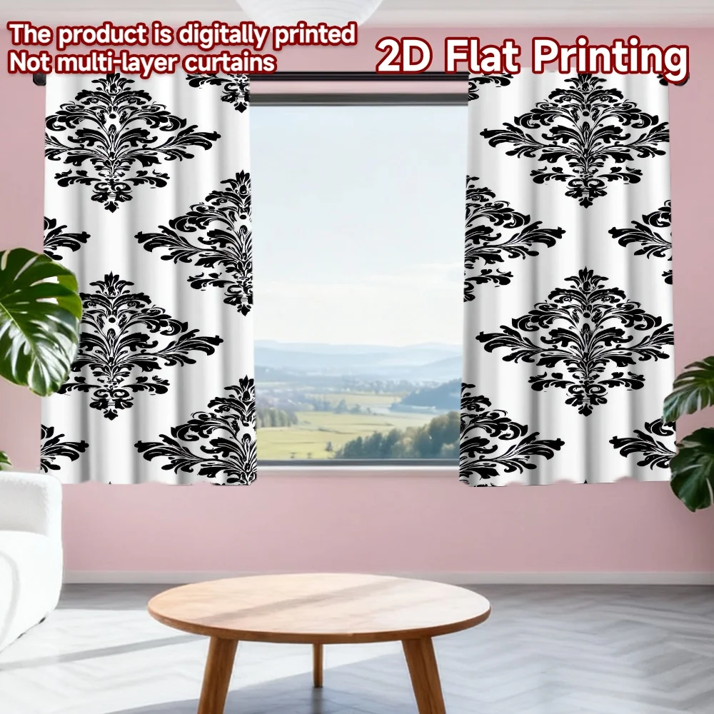 

2D flat printing 2pcs Curtains Black Floral Motif Digital Printed Polyester Drapes Festive Wall Decor Perfect for Booths Studio