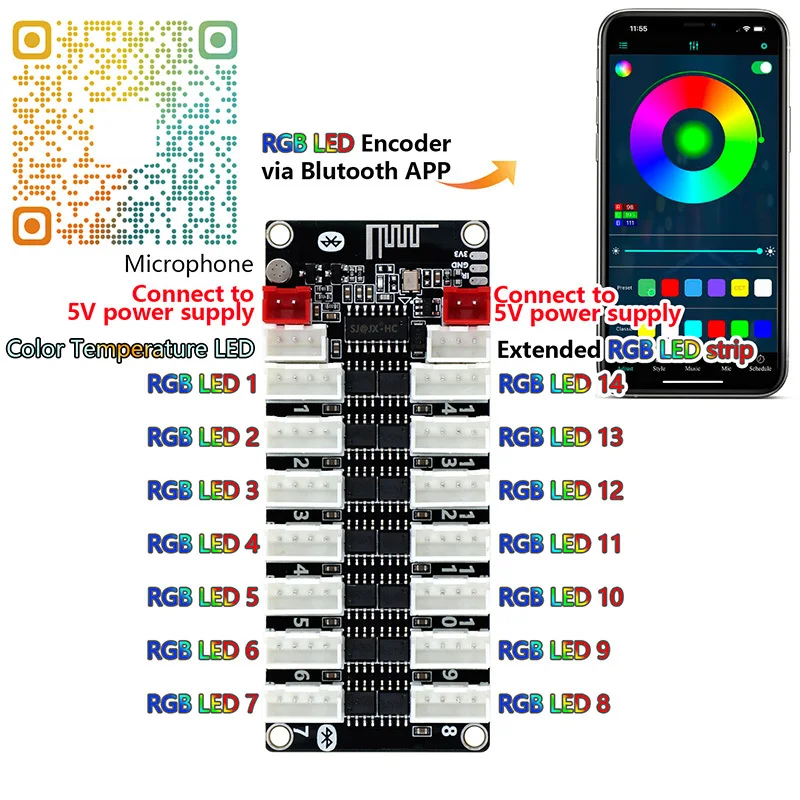 

RGB lighting control card Bluetooth connection can be used with any button to use 5V power supply