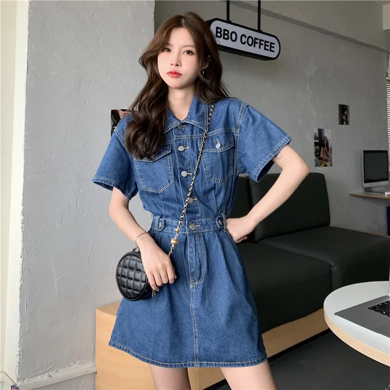 

Summer New Comfortable Niche High-end Design French Student Dress with Waist Cinching and Slimming Short Sleeved Denim Dress