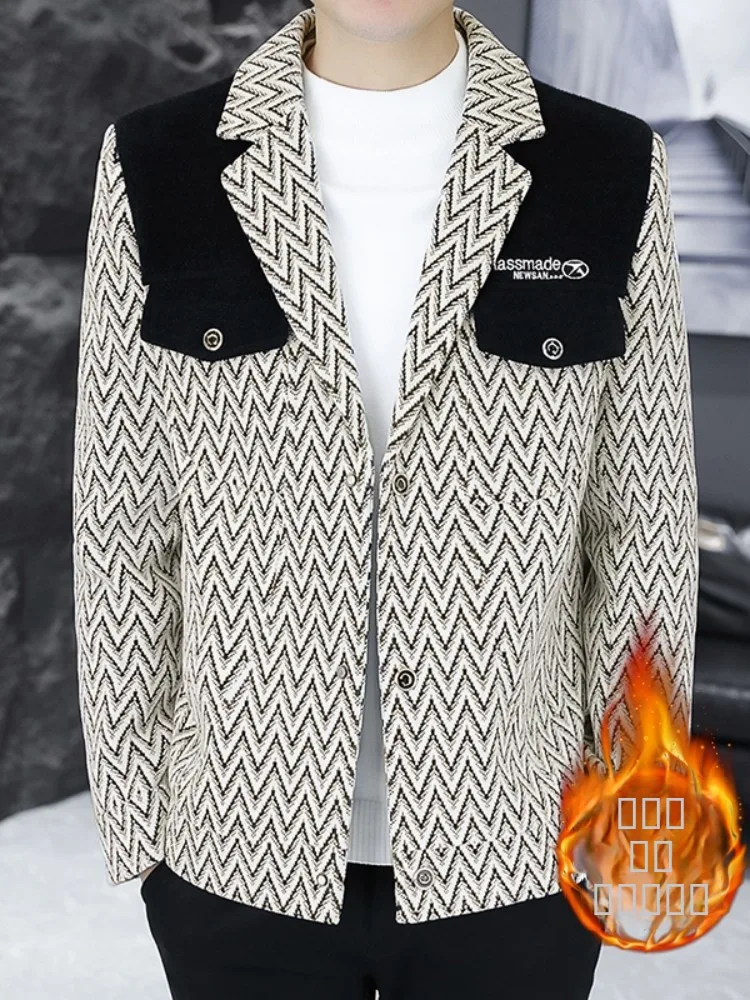 

Men's Plaid Suit Jaet Autumn Winter Thiened Fce Lined Slim Fit Casual Woolen Coat Busin Gentleman Sle Polyester F...