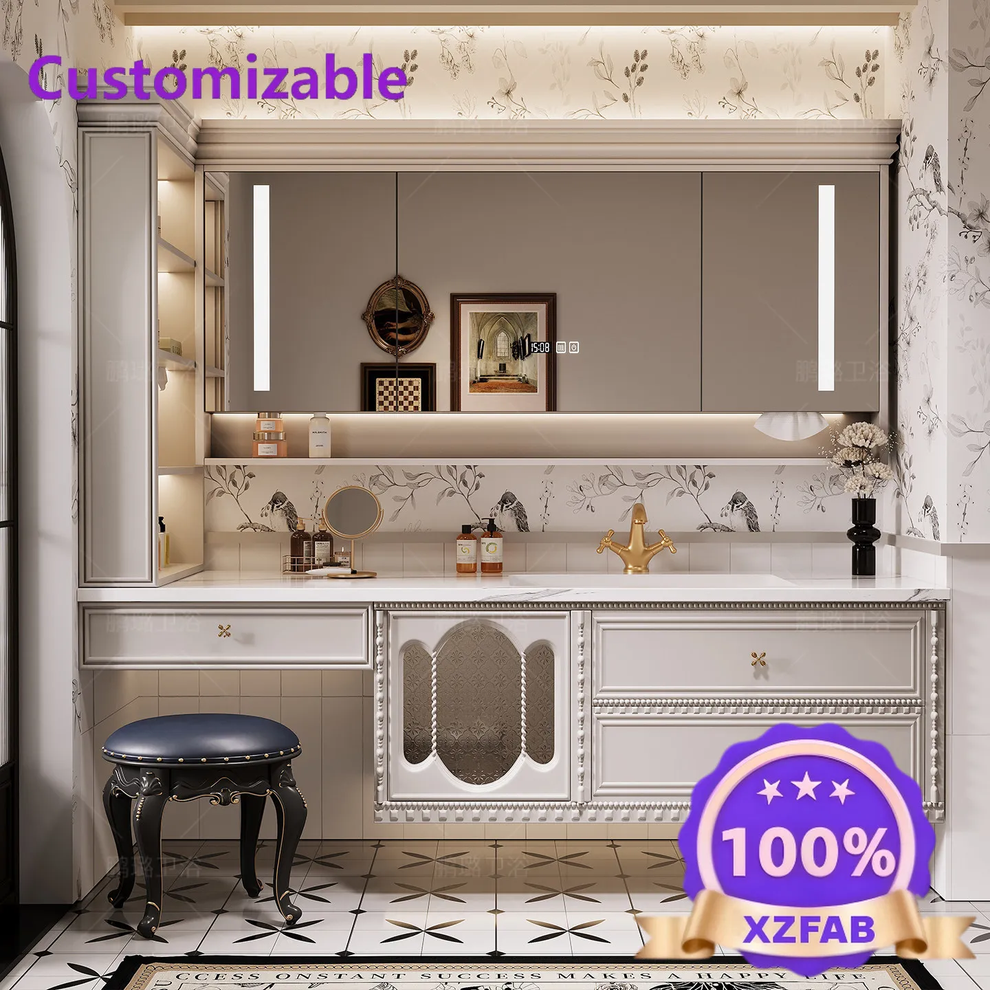 Factory Direct 2026 French retro vanity bathroom cabinet combination rock slab hot bending integrated basin bathroom wash basin