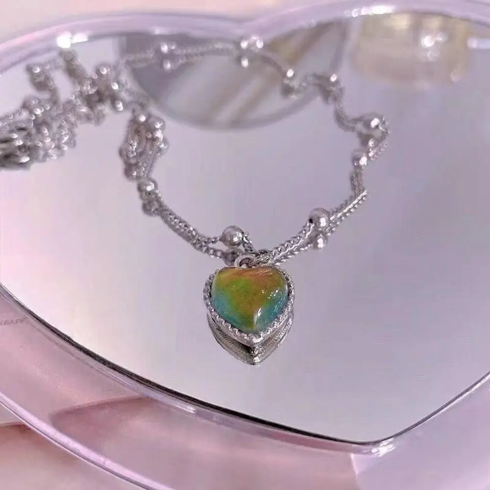 Cute Stainless Steel Heart Mood Pendant Necklace Silver Gift Necklace Color Change Peach Heart Chain