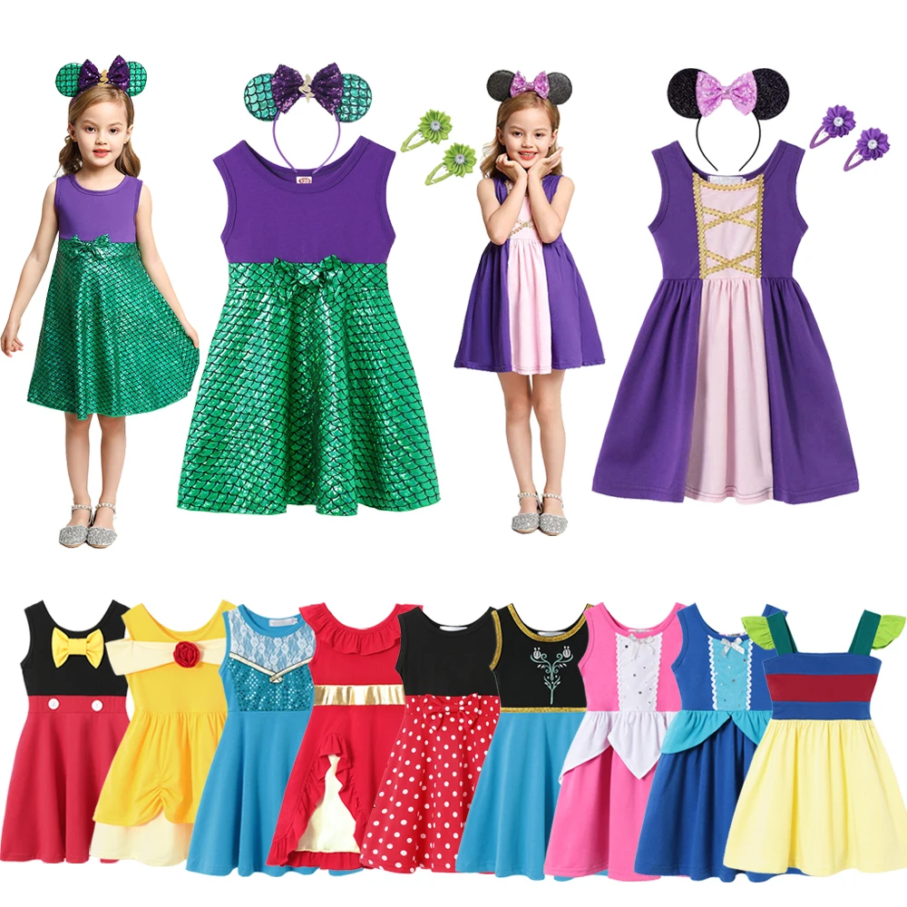 Disney Girls Princess Dress Mickey Mouse Frozen Elsa Clothes Kids Cotton Carnival Birthday Moana Children Costume For 1-7 Years