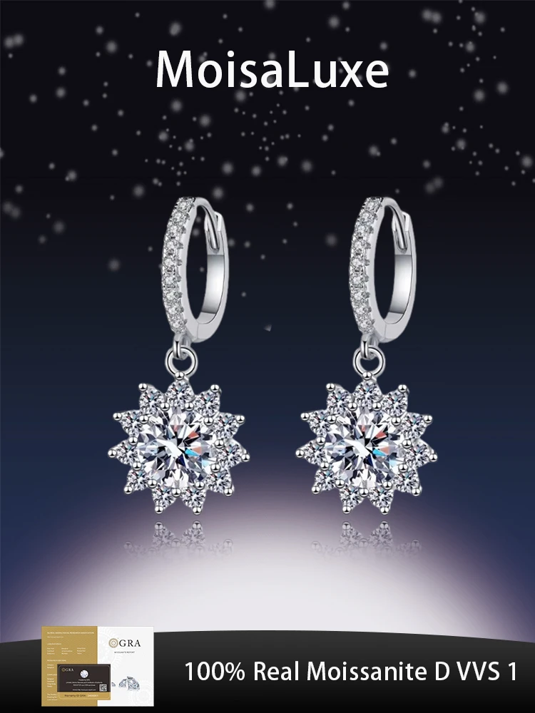 

MoisaLuxe Official Store GRA Moissanite Plata Sunflower Ear Clasp Pure Silver 925 Fashion Jewelry Earrings Are for Women To Wear