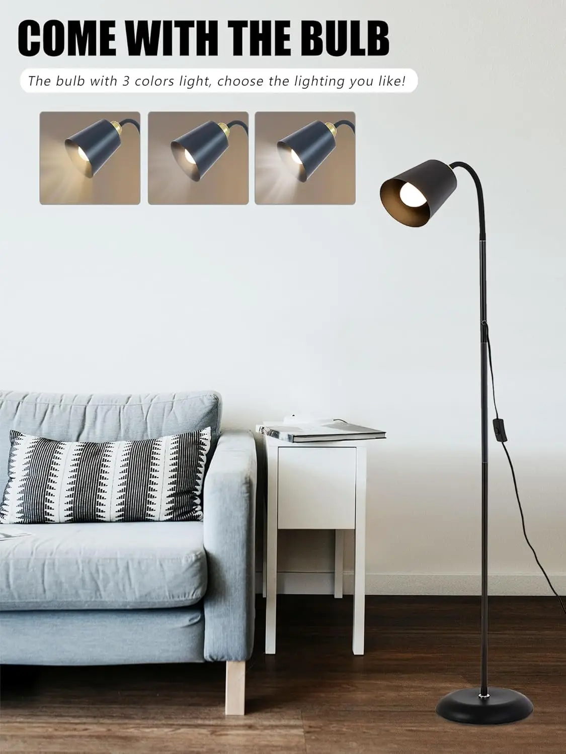 Adjustable Floor Lamp with LED Bulb, Industrial Design for Living Room, Bedroom, Office - Black view 4