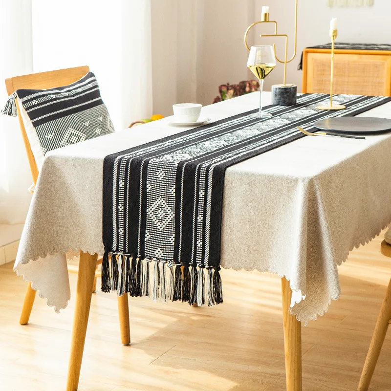 Cotton Table Runner Tassel Black Stripe Splicing Path Woven Wedding Decoration Dinner TV Cabinet Coffee Table Flag Nordic Decor