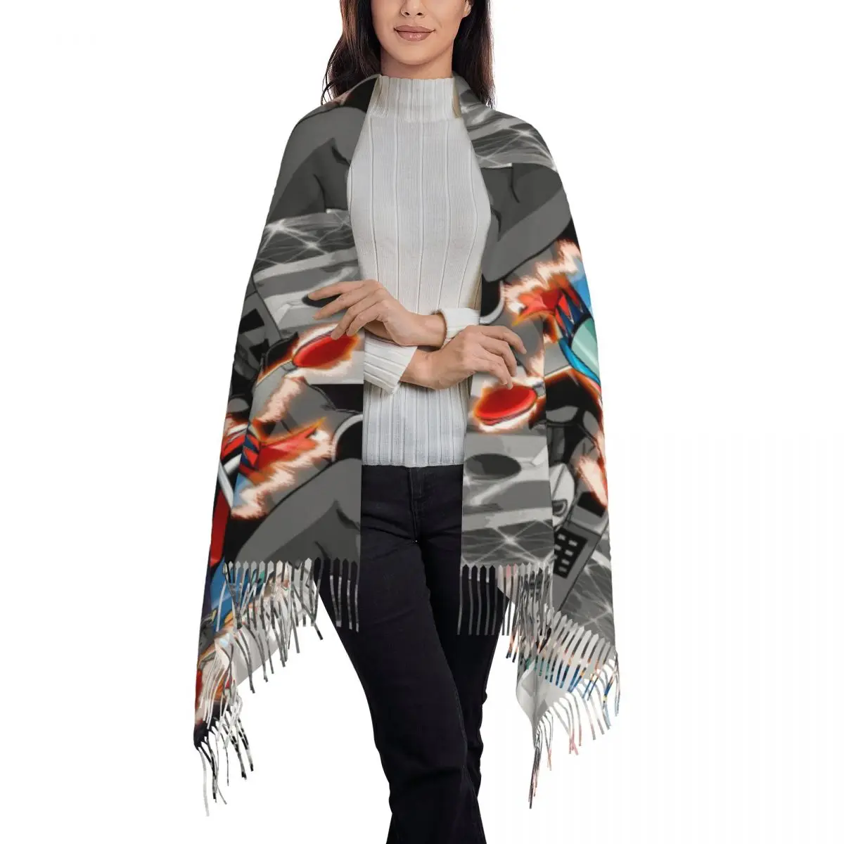 Custom Luxury Grendizer Go Tassel Scarf Women Winter Warm Shawl Wrap Lady UFO Robot Goldrake Mazinger Z Scarves