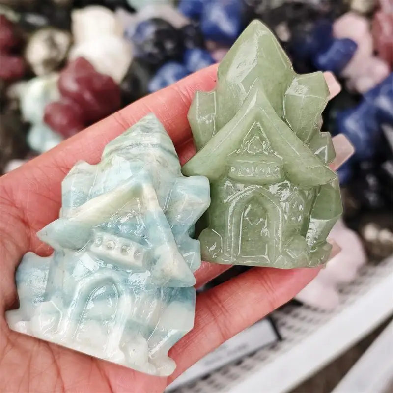 Natural Green Aventurine Blue White Stone Quartz Castle Carving Statue Healing Gemstone Crafts For Children Birthday Gift 1PCS