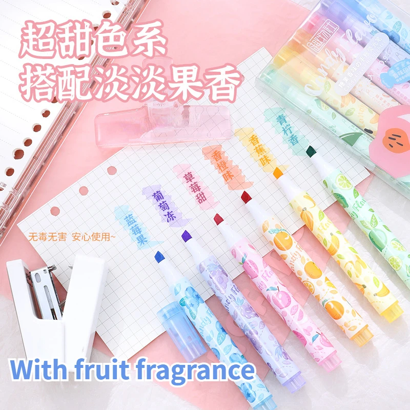 6pcs Kawaii Fragrance Highlighter Fruit Shape Stamp Marker Pens Art Graffiti Drawing Markers Stationery School Office Supplies