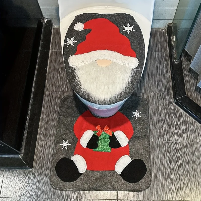 2PCS/SET Toilet Seat Cover Polyester Christmas Gnome Santa Embroidery 2‑Pcs Toilet Set Holiday Home Bathroom Decor Kit Party