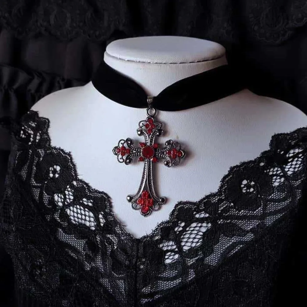 Dark Retro Gothic Black Velvet Choker Red Rhinestone Cross Pendant Necklace for Women Halloween Party Victoria Wedding Jewelry