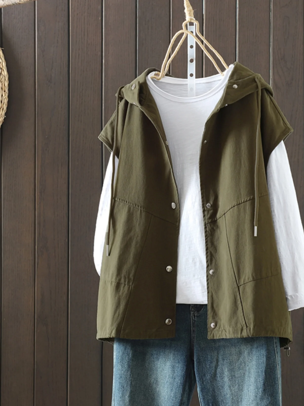 

Retro Hooded Dstring Vest Women's Spring Autumn Faionable Loose Versatile Svel Vest Workwear oulder Pad Jaet