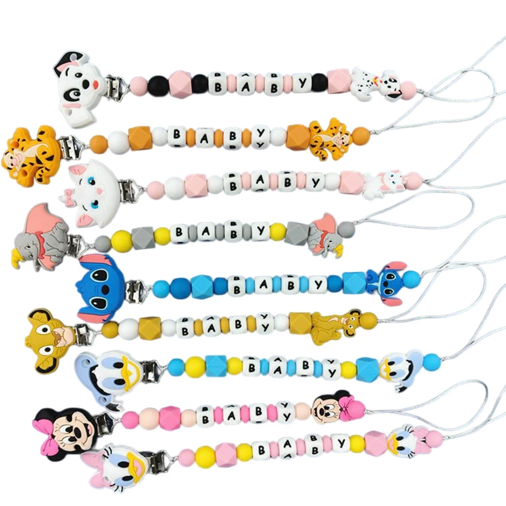 1PC Personalized name Baby Silicone Miss bunny Stitch marie cat dumbo simba Pacifier Clips Teething Chains Holder Pendants